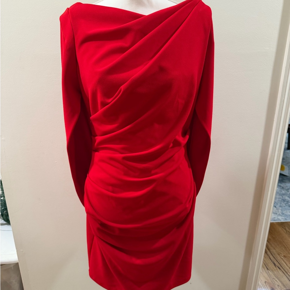 Red Draped Long-Sleeve Sheath Dress